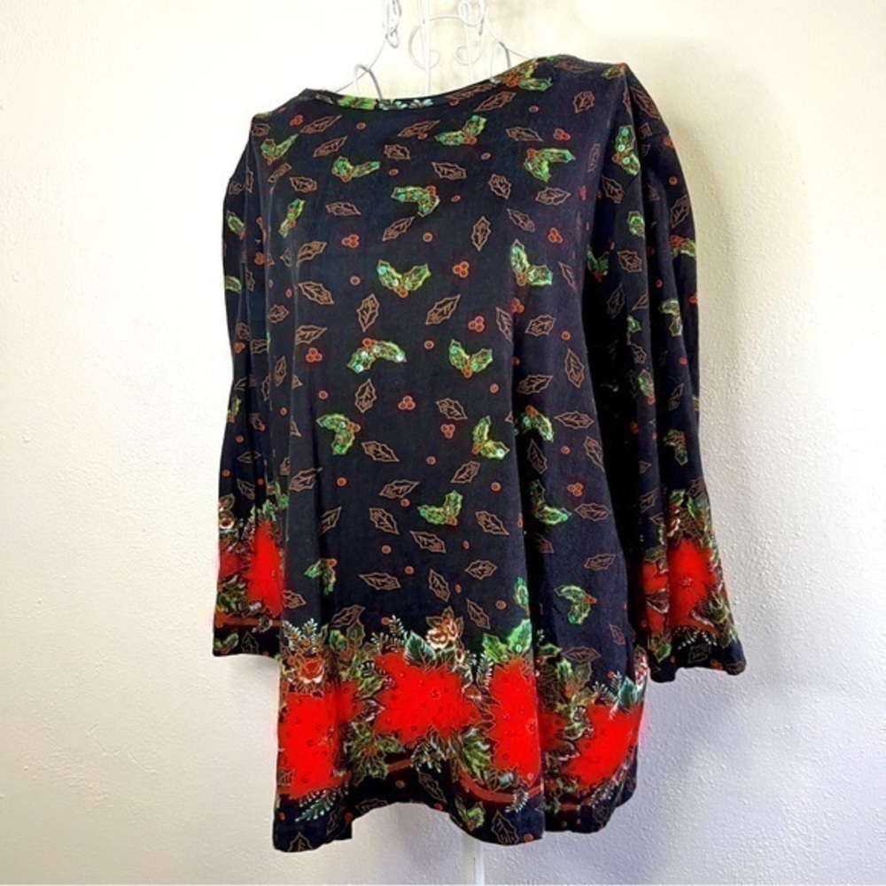 BonWorth Holiday cotton tunic top w/sequined ivy & pointsettas, M. Preowned.
